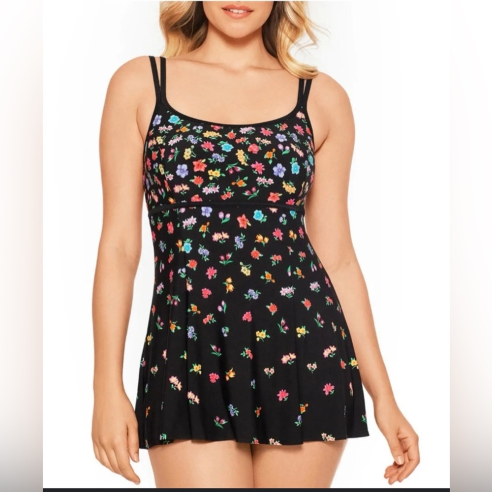 St. Johns Bay Floral Black Swimsuit with double Spaghetti Straps Size 16